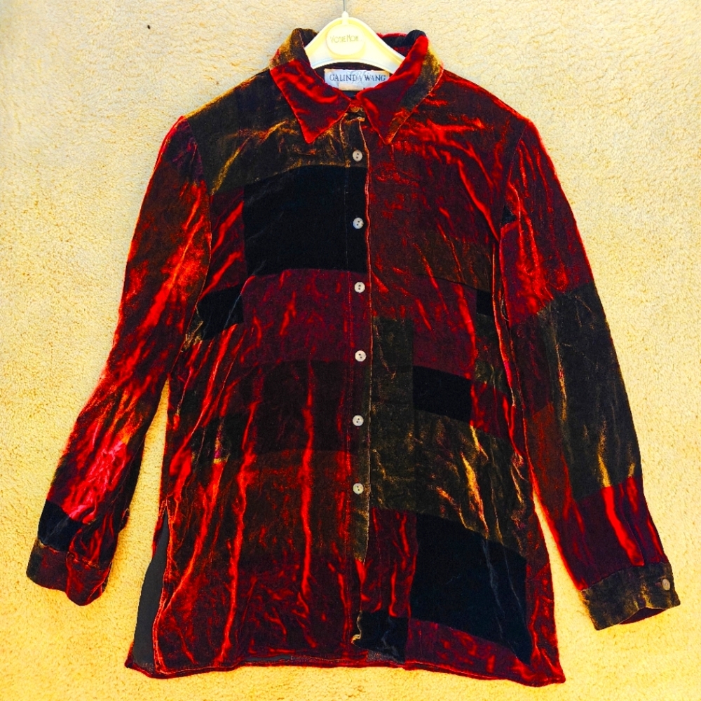 Vintage Galinda Wang Patchwork Multi Color Velvet Button Down Blouse.